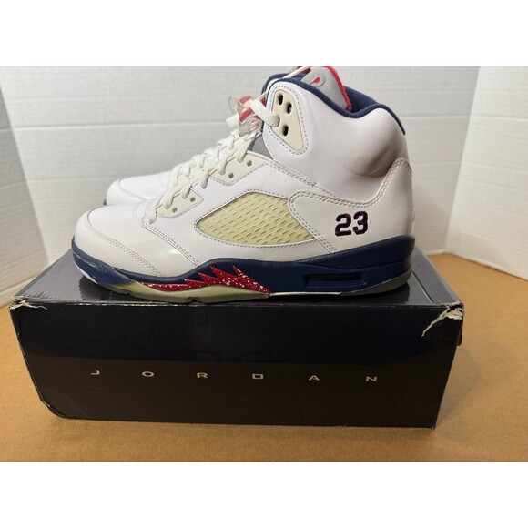 NIKE AIR JORDAN 5 RETRO WHITE-RED-BLUE SZ 8.5 "OLYMPIC RARE" [136027-103] NEW - Picture 1 of 6